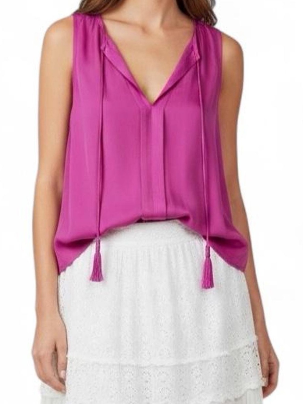 Joie Silk Sleeveless Boho Luxe Tassel-Tie Blouse in Orchid Purple NWOT